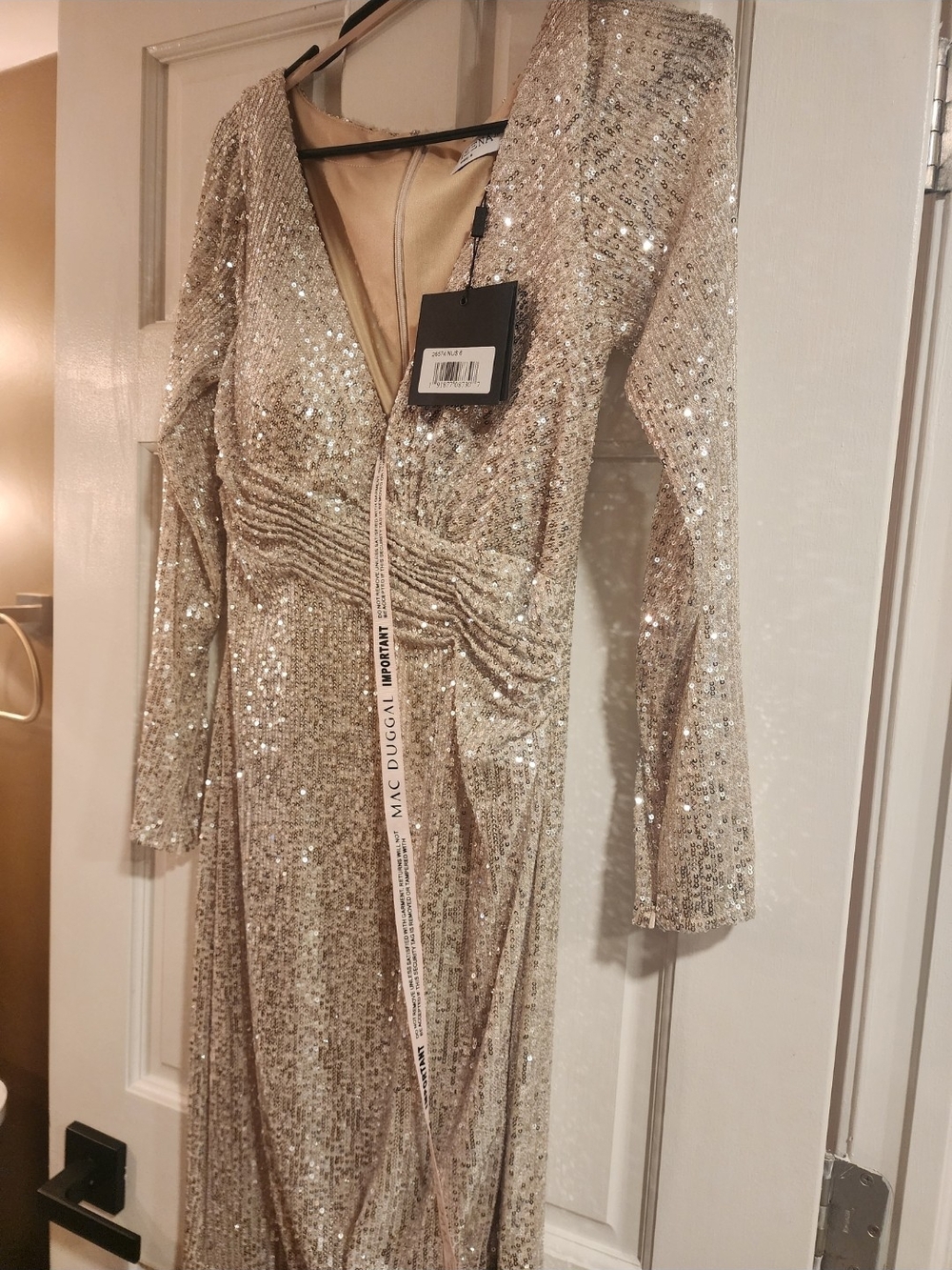 Mac Duggal Champagne Sequin Long-Sleeve V-Neck Gown